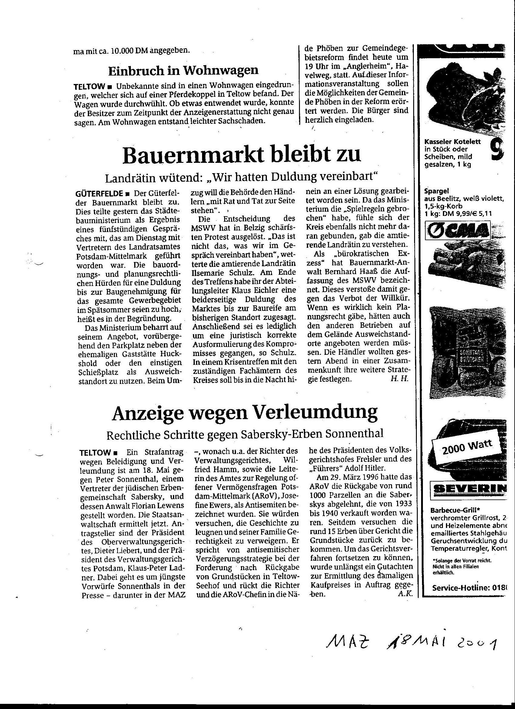 Märkische Allgemeine vom 18.05.2001 Rechtliche Schritte gegen Sabersky-Erben Sonnenthal