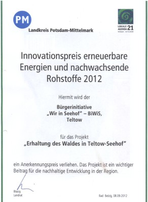 Innovationspreis des Landkreises Potsdam-Mittelmark an die Biwis für den Kampf um den Erhalt des Waldes in Teltow-Seehof, unterzeichnet vom Landrat Herr Blasig (SPD) Danke. 