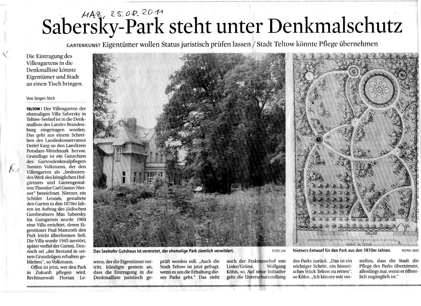 Sabersky-Park steht unter Denkmalschutz