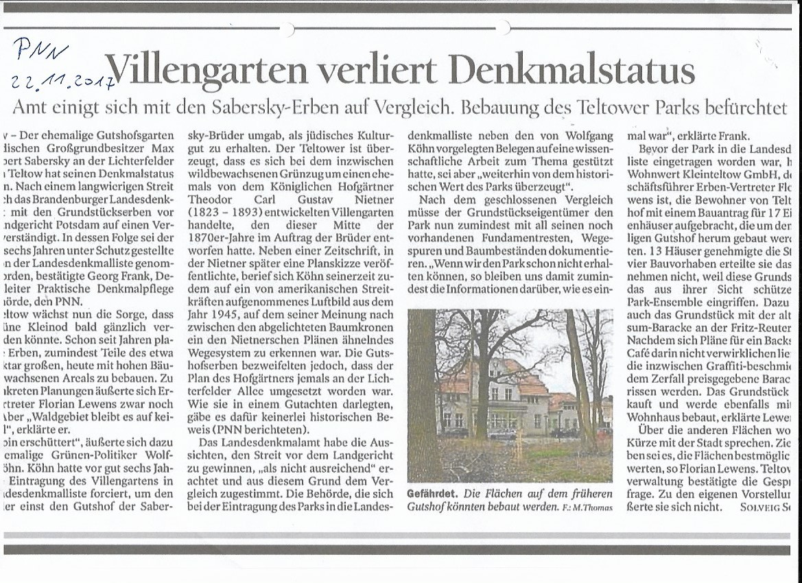 Villengarten verliert Denkmalstatus in Teltow Seehof ! 